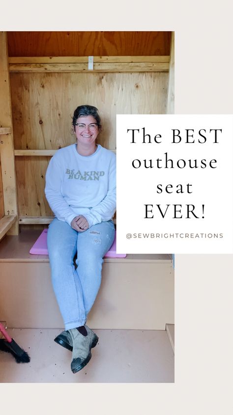 in an outhouse with a comfortable seat Inside Outhouse Ideas, Outhouse Interior Ideas, Nice Outhouse, Camping Outhouse, Outhouse Decorating Ideas, Log Outhouse, Diy Outhouse Bathroom, Outhouses Ideas, Fancy Outhouse