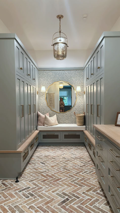 The mudroom is one of my favorite spaces in our home! I love the brick flooring and wallpaper details! Mudroom In Basement, Laundry Room With Brick Floor, Mud Room Floor Ideas, Mud Room Ideas Entryway, Farmhouse Mudroom, Garage Guest House, Mudroom Entryway, Mud Rooms, Mudroom Design