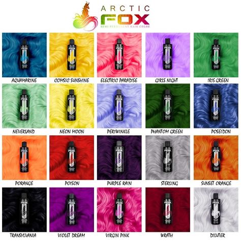 Arctic Fox Hair Dye Colors Arctic Fox Dye, Artic Fox Hair, Fox Hair Dye, Arctic Fox Hair Dye, Arctic Fox Hair Color, Fox Hair, Semi Permanent Hair Dye, Dye Colors, Permanent Hair Dye