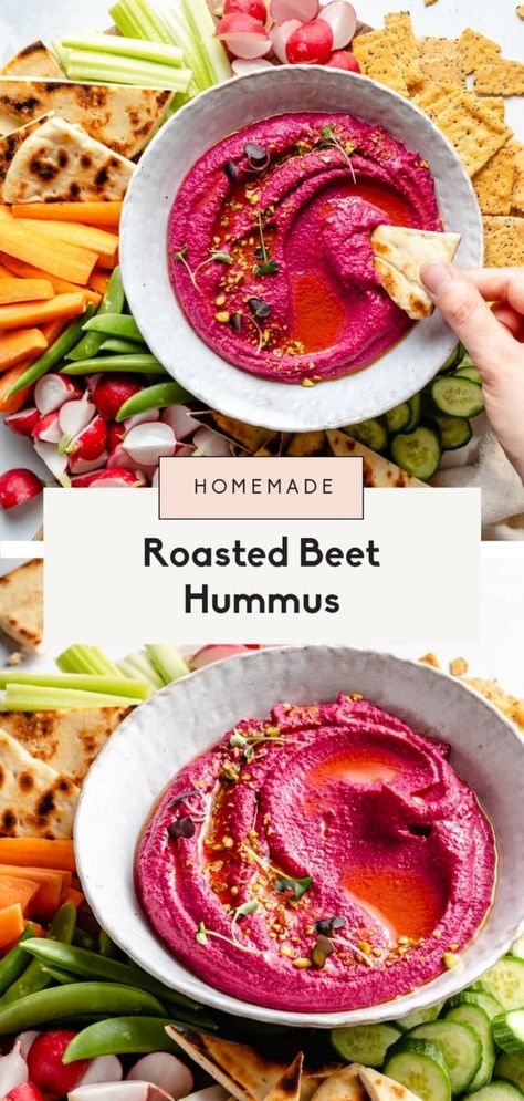 Bright and creamy beet hummus made with simple ingredients and tons of wonderful flavor from a whole roasted beet! This vegan beet hummus recipe is just as delicious as it is beautiful and makes the perfect easy snack, dip or spread. Skip the store-bought version and make wonderful homemade beet hummus! #hummus #vegan #beets #healthysnack #dip Creamy Hummus Recipe, Beet Hummus Recipe, Beet Dip, Roasted Beet Hummus, Homemade Pita Chips, Homemade Pita, Delicious Dips Recipes, Beet Hummus, Ambitious Kitchen