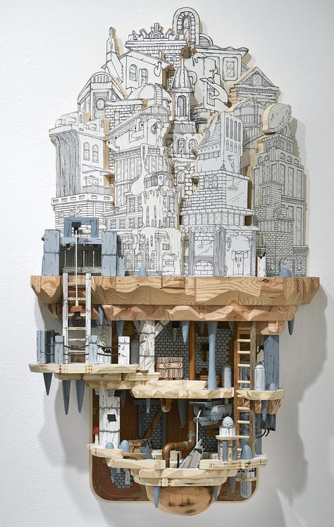 The mixed media architectural sculptures by Luke O'Sullivan combine screen-printed drawings with carved wood and other materials to create 3D worlds. Mosaic Sculpture, Invisible Cities, Architectural Sculpture, Miniature Houses, Abstract Sculpture, Original Drawing, Architecture Art, Wood Print, Printmaking