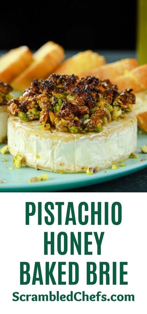 French Brie Recipes, Honey Baked Ham Appetizers, Fall Brie Appetizer, Bre Recipe, Pistachio Appetizer, Pistachio Honey Baked Brie, Baked Brie Pistachio Recipes, Baked Brie With Fig Jam And Pistachios, Fall Snacks For Party Appetizers