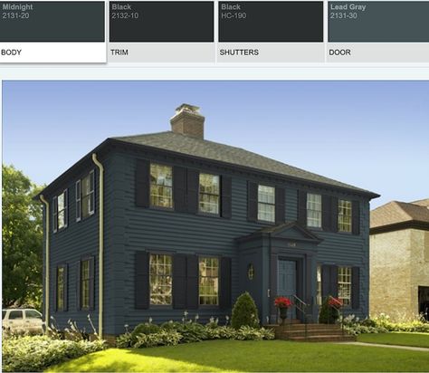 Dark Exterior House Color - Benjamin Moore Paint Color Tool Dark Green Colonial House Exterior, Dark Blue Exterior House Colors, Masculine House, Navy House Exterior, Dark Exterior House Colors, Dark House Exterior, Dark Exterior House, Dark Blue House Exterior, Dark Blue Houses