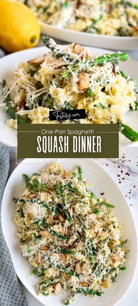 Quick One-Pan Spaghetti Squash Dinner via @tastillyb Vegetable Spaghetti Squash, Butternut Squash Recipes Healthy Clean Eating, Spaghetti Squash Crock Pot, Speggetti Squash Recipes Spaghetti, Spaghetti Squash Feta, Spaghetti Squash Dinner, Crockpot Spaghetti Squash, Diet Treats, Butternut Squash Recipes Healthy