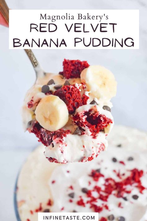 This red velvet banana pudding recipe is straight from Magnolia Bakery’s recipe vault! It has layers of mousse-like vanilla cream cheese pudding, chunks of red velvet cake, sliced bananas, and mini chocolate chips. Magnolia Bakery Red Velvet Cake Recipe, Healthy Red Velvet Recipes, Magnolia Pudding Recipe, Red Velvet Bread Pudding, Red Banana Recipe, Red Velvet Banana Pudding Recipe, Red Velvet Cake Recipes, Red Velvet Banana Pudding, Magnolia Bakery Recipes