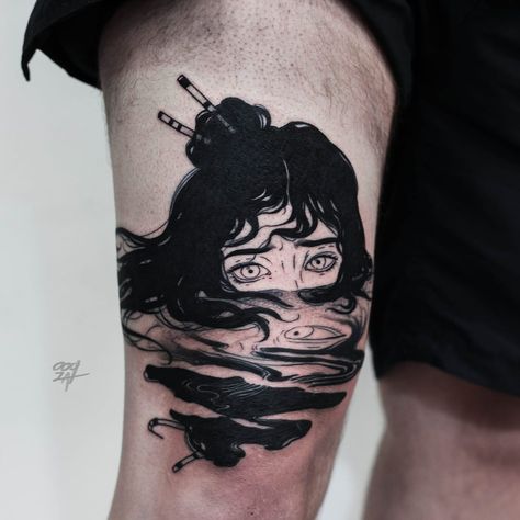 Tattoo by Ooqza #Ooqza #darkarttattoos #blackwork #portrait #lady #ladyhead #reflection #eyes #water #surreal Reflection Tattoo, Water Tattoo, Sopot, Aesthetic Tattoo, Elegant Tattoos, Dope Tattoos, Blackwork Tattoo, Japanese Tattoo, Pretty Tattoos