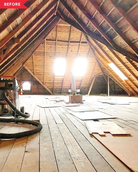 Credit: <a href="https://www.vintagesocietyco.com/project-attic-update-our-white-shiplap-attic-family-room/">B Vintage Co</a> Shiplap Attic, Attic Ideas Hangout, Small Attic Ideas Low Ceilings, Attic Family Room, Attic Conversion Ideas, Small Attics, Attic Makeover, Airy Bedroom, Finished Attic