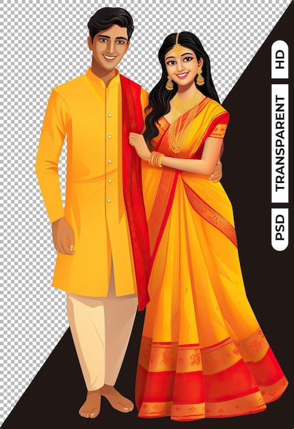 Indian couple in yellow attire for haldi... | Premium Psd #Freepik #psd #couple #ceremony #traditional #wedding Indian Wedding Caricature Couple, Hindu Wedding Caricature, Haldi Couple, Bride Mehandi, Couple Stills, Groom Cartoon, Arti Thali, Caricature Wedding Invitations, Couple Caricature