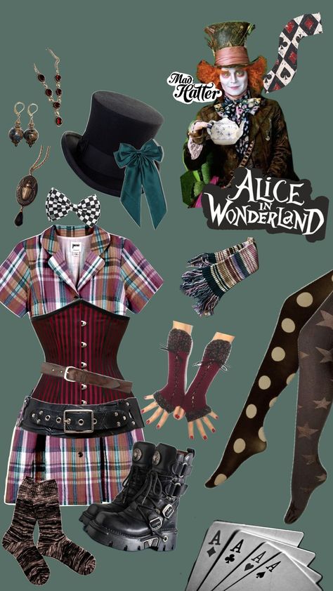 Mad hatter inspired halloween costume Mad Hatter Clothes Inspired Outfits, Mad Hatter Inspired Outfit Men, Mad Hatter Outfit Ideas Casual, Alice In Wonderland Core Outfit, Easy Mad Hatter Costume, Mad Hatter Aesthetic Outfit, Mad Hatter Outfit Ideas, Alice In Wonderland Inspired Outfits, Mad Hatter Aesthetic