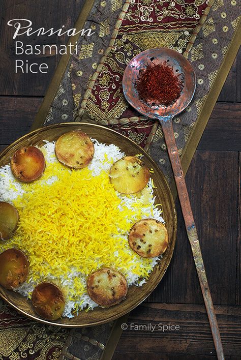 Making Persian Basmati Rice with Saffron isn't as intimidating as one would think especially with these step-by-step instructions and a video. Basmati Rice Recipes, Saffron Recipes, Potato Crust, Persian Rice, Iranian Recipes, Persian Recipes, Middle East Food, Persian Cuisine, Iranian Food