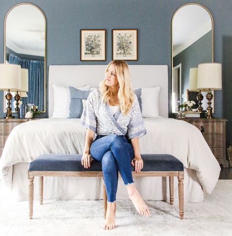 dusty blue grandmillenial bedroom inspiration Guest Bedroom Ideas Blue Walls, Blue Gray Master Room, Blue Room Bedding, Blue Tonal Bedroom, Pops Of Blue Bedroom, Light Gray Guest Bedroom, White Cream And Blue Bedroom, Blue And Beige Master Bedrooms Decor, Master Bedrooms Decor Blue And White