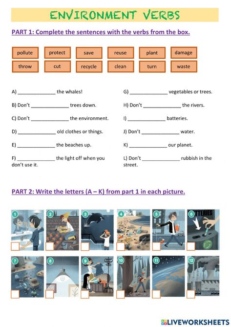 Environment online exercise for Quinto de Primaria. You can do the exercises online or download the worksheet as pdf. Our Environment Worksheet, Pollution Activities Worksheets, Environmental Education Activities, Pollution Activities, Cause And Effect Worksheets, Environment Activities, Green Community, Present Progressive, Environment Projects