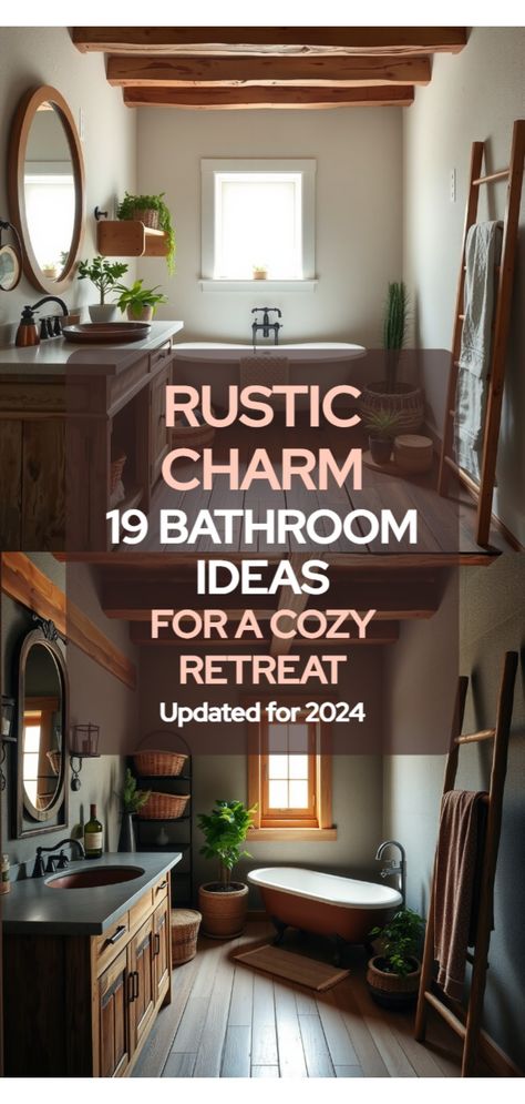 rustic bathroom ideas Rustic Single Vanity Bathroom, Rustic Bathroom Medicine Cabinet, Bathrooms With Copper Tubs, Bathroom Wood Vanity Ideas, Rustic Earthy Bathroom, Copper In Bathroom, Dark Rustic Bathroom Ideas, Bathroom Remodel Master Free Standing Tub, Big Bathroom Decor Ideas