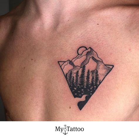 Triangle Chest Tattoo, Arona Italy, Tattoo Mountain, Chest Tattoo Men, Mountain Tattoo, Boy Tattoos, Tattoo Model, Nature Tattoos, Realistic Art