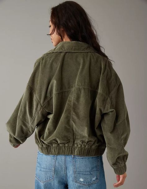 AE Corduroy Bomber Jacket Oversized Aviator Jacket, Corduroy Jacket Outfit Aesthetic, Corduroy Jacket Outfit Womens, Babysitter Outfit, Corduroy Jacket Womens, Night Terrors, Aviator Jackets, Women's Jackets, Plaid Jacket