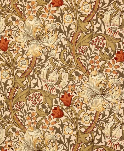 Golden Lily Wallpaper, Lily Wallpaper, William Morris Patterns, William Morris Designs, English Country Gardens, London Flat, Orange Wallpaper, Red House, Blue Colour Palette