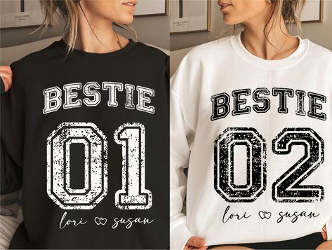 Personalized Best Friends Sweatshirt - Bestie 01 Bestie 02 Sweatshirt, Matching Bestie Hoodie, Bestie Shirt, Best Friend for Life Sweatshirt -----How To Order----- 1-) Please, check and review all photos 2-) Choose your t-shirt size and color *Different styles of shirts may have different shades of same color choice due to different manufacturer brands. *For this reason, we recommend you to match shirts from the same styles if you want precisely matching colors (exa. Unisex, V-neck, Tank top, et Bff Hoodies, Best Friend Sweatshirts, Best Friend Hoodies, Best Friend For Life, Best Friend Birthday Gift, Friends Sweatshirt, Matching Hoodies, Bff Outfits, Matching Colors