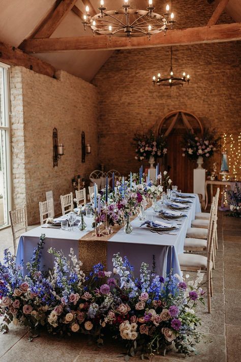 Navy Blue And Purple Fall Wedding, Navy And Purple Wedding Decorations, Purple And Blue Flowers Wedding, Periwinkle And Gold Wedding, Blue Purple Yellow Wedding, Blue And Purple Wedding Table, Purple Blue Wedding Theme, Blue And Purple Wedding Decorations, Navy Blue And Lavender Wedding