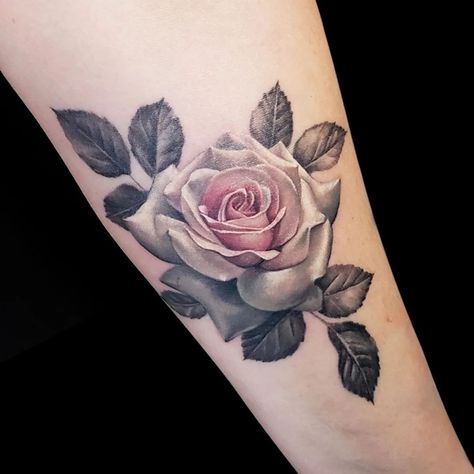 Realistic Rose Tattoo Black And White, Colored And Black And White Tattoos, Red And White Rose Tattoo, Color Shading Tattoo, Realistic Flower Tattoo Black And White, Black And White Tattoo With Pop Of Color, Rose Garden Tattoo, Shaded Tattoos Women, White Roses Tattoo