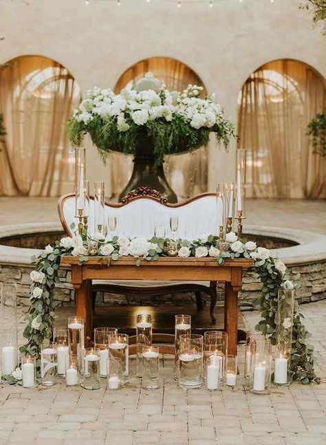 Wedding Honor Table Decorations, Farm Table Head Table Wedding, Sweetheart Table Wedding Candles On Floor, Sweetheart Table With Bench, Sweetheart Table Wedding Couch, Sweetheart Table Bench, Sweetheart Table Wedding Bench, Classy Sweetheart Table, Sweetheart Table Bud Vases