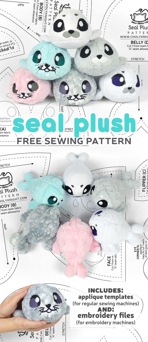 Simple Plushie Sewing Patterns, Seal Plush Pattern, Free Pattern Friday, Easy Stuffed Animal Sewing Patterns Free, Plushies Diy Pattern, Squishmallow Sewing Pattern, Simple Plushie Patterns Free, Pokemon Sewing Patterns, Sewing Patterns Free Plushies