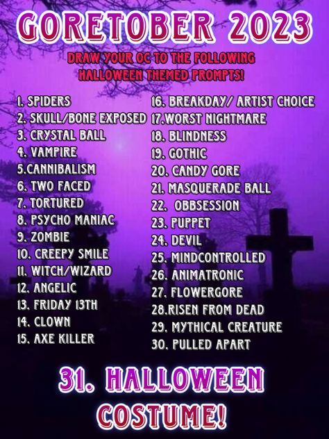 goretober inktober halloween oc art challenge!!! :))) 🦇🦇🪦 Halloween Oc Challenge, Halloween Oc Ideas, Weirdcore Oc Challenge, Halloween Art Challenge, Halloween Oc Art, Artober 2024, Oc Art Challenge, October Prompts, Halloween Oc