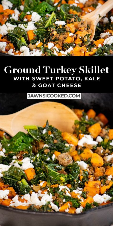 Thanksgiving Skillet Recipes, Ground Turkey Recipes For Dinner Gluten Free, Ground Turkey Kale Sweet Potato, Turkey Kale Sweet Potato Skillet, Kale Ground Turkey Recipes, Ground Turkey Goat Cheese Recipes, Ground Turkey And Sweet Potatoes Recipes, Skillet Potatoes Dinner, Ground Chicken Sweet Potato Skillet