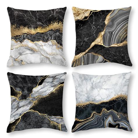 PRICES MAY VARY. Polyester Size: Set of 4 gold and black marble texture pillowcases - 18 x 18 inches/45cm x 45cm , black and gold pillow cover ONLY (NO Insert). Material: Black Gold grey throw pillow covers is made of high quality polyester, soft, breathable and comfortable.It is perfect for Black gold living room decor, black gold couch decoration and accessories,black gold bedroom decor.It is a great gifts as housewarming gifts for new home,new apartments. Design: Decorative pillow covers for Black Gold And White Living Room Decor, Bedroom Decor Black And Gold, Black And Silver Home Decor, Grey Black And Gold Living Room, Black And Gold Bedroom Decor, Black And Gold Bedroom Ideas, Black Gold Living Room, Black And Gold Bedroom, Black White And Gold Bedroom