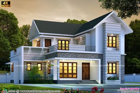 Small House Design Kerala, House Rendering, Indian House Exterior Design, Small House Blueprints, Concrete Fountains, French Castle, Sloping Roof, Old Homes, Elevation Plan