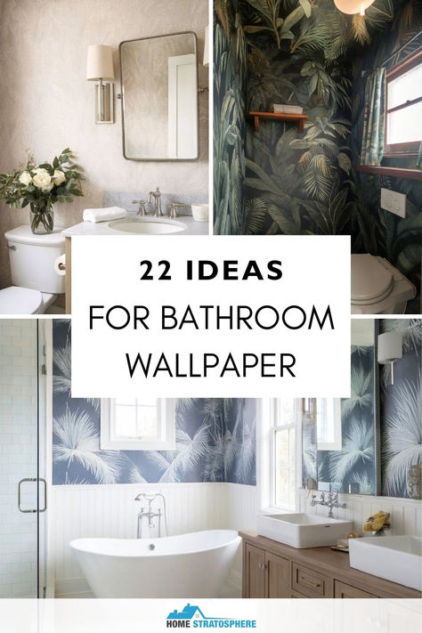 A collage of bathroom interiors featuring neutral, tropical, and textured bathroom wallpaper in different settings. Bathroom Decor Ideas Wallpaper, Washroom With Wallpaper, Wallpaper Backgrounds For Bathroom, Guest Bathroom Wallpaper Modern, Bathroom Wallpaper Cottage, Wallpaper For Bathroom Farmhouse, Full Bath Wallpaper, Wallpapers For Bathroom Walls, Popular Bathroom Wallpaper