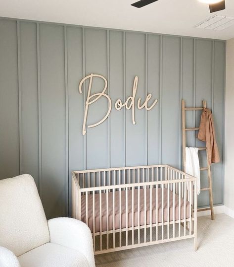 Neutral Nursery With Accent Wall, Accent Wall Nursery Boy, Shiplap Nursery Wall, Nursery Accent Walls, Green Blue Nursery, Nursery Feature Wall, Taupe Nursery, Shiplap Nursery, Nursery Paint Colors