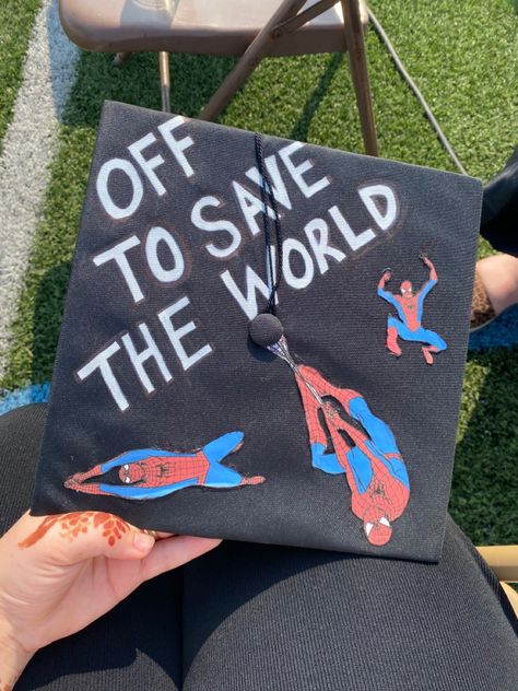 spiderman, cap, graduation, art Spider Man Grad Cap, Cap Decoration Graduation Spiderman, Spiderman Parking Spot, Spider Man Cap Graduation, Spiderman Graduation Cap Ideas, Lightning Mcqueen Graduation Cap, Graduation Cap Designs Men, Graduation Cap Ideas For Guys, Spiderman Graduation Cap