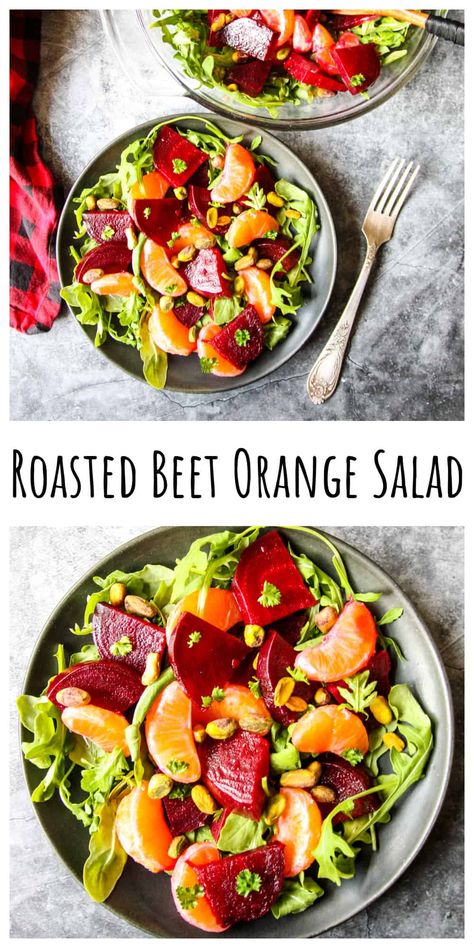 Roasted beet & orange salad is a delicious combo of sweet beets & mandarin oranges on a bed of peppery arugula and topped with pistachios & a simple vinaigrette. Perfect for any time of year, and a festive addition to your holiday table. Beet Orange Salad, Beet And Orange Salad, Citrus Vinaigrette Dressing, Orange Salad Recipes, Cooking Beets, Csa Box, Orange Vinaigrette, Make Ahead Salads, Roasted Beet Salad