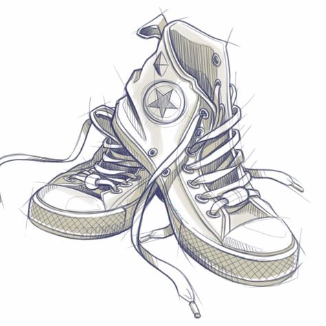 Untied Shoes Drawing, Cool Shoe Drawings, Converse Shoes Drawing Sketches, Converse Drawing Sketch, Converse Drawing Reference, Shoes Sneakers Drawing, Converse Reference, Converse Sketch, Converse Shoes Drawing