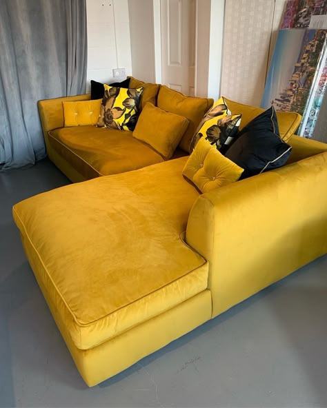 Annalise Reece Interiors on Instagram: “Designer Bossanova Large Right Hand facing chaise sofa in yellow mustard velvet fabric RRP £2059 our price £1295 No 4, Southpoint 12 Lane…” Mustard Yellow Sofa Living Room, Yellow Couch Decor, Yellow Sofa Design, Yellow Sofa Living Room, Living Room Design Yellow, Mustard Yellow Sofa, Yellow Velvet Sofa, Sofa Table Styling, Mustard Sofa