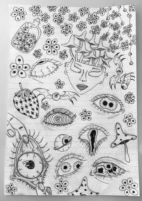 Lots Of Eyes Drawing, Eye Doodles, Eye Sketches, Vent Book, Different Eyes, Trippy Drawings, Arte Grunge, Psychadelic Art, Arte Punk