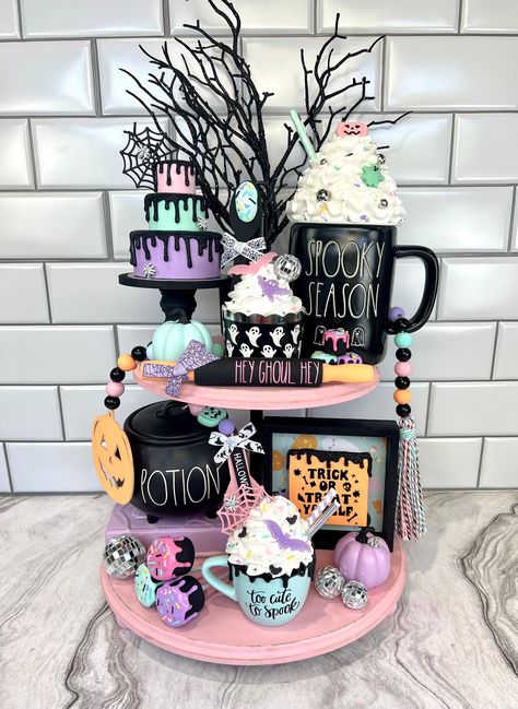 Pastel Halloween Tiered Tray Bundle Cute Halloween Tiered Tray Décor Pink Retro Halloween Halloween Birthday Halloween Party Decor - Etsy Pink Halloween Decorations, Halloween Decor Diy, Pastel Halloween, Halloween Kitchen, Fake Cake, Pink Retro, Birthday Halloween Party, Halloween Coffee, Pink Halloween