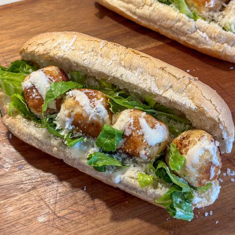 Chicken Caesar Meatball Sub Sandwiches Teriyaki Chicken Ramen, Chicken Meatball Subs, Pork Wonton Recipe, Avocado Wrap Recipes, Creamy Honey Mustard Chicken, Meatball Sub Sandwiches, Chicken Caesar Sandwich, Caesar Recipe, Meatball Sandwiches