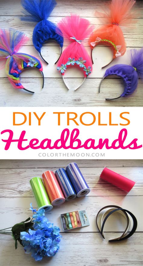 These Trolls hair headbands are SO CUTE and so easy to make! What a great idea for a Trolls birthday party! Poppy Headband Trolls Diy, Trolls Fruit Tray, Poppy Hair Trolls Diy, Troll Craft For Kids, Trolls Classroom Door Ideas, Girls Trolls Birthday Party, Trolls Outdoor Birthday Party, Trolls Disco Party, Trolls Dance Party