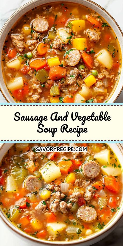 Warm up your day with this hearty Sausage and Vegetable Soup recipe! Packed with flavorful sausage, fresh veggies, and rich broth, it's the perfect comfort food. Ideal for chilly evenings, this soup will satisfy your cravings and nourish your soul. Try it today for a delightful meal experience! Veggie Soup With Sausage, Keto Soup Sausage, Spicy Sausage Soup Recipes, Beef Sausage Soup, Sausage Vegetable Soup Recipes, Cabbage Soup With Sausage Recipe, Vegetable Soup With Pork, Vegetable And Sausage Soup, Vegetable Soup With Sausage