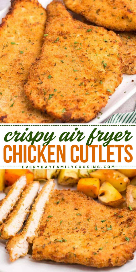 Air fryer chicken cutlets turn out crispy, golden brown, and delicious for a great weeknight meal the family will love! Air Fry Chicken Cutlets, Baked Chicken Cutlets Oven, Air Fryer Chicken Recipes Easy, Chicken Cutlets Air Fryer, Air Fryer Chicken Cutlets, Turkey Cutlet Recipes, Crispy Chicken Cutlets, Baked Chicken Cutlets, Crispy Air Fryer Chicken