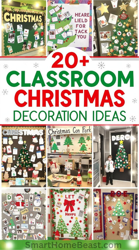 A collage of creative Christmas classroom decoration ideas, including bulletin boards with festive themes, paper trees, handmade crafts, and colorful student displays. Perfect for bringing holiday cheer to learning spaces. Christmas Bulletin Board Ideas Classroom, School Window Decorations, Christmas Bulletin Board Ideas, Holiday Classroom Decorations, Bulletin Board Tree, Classroom Holiday Party, Diy Christmas Backdrop, Colorful Bulletin Boards, Classroom Christmas Decorations