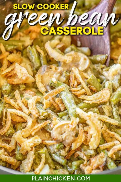 Slow Cooker Green Bean Casserole - no cream of anything soup!! Green beans, Alfredo sauce, water chestnuts, mushrooms, parmesan cheese, pepper, and french fried onions. Seriously delicious!! Everyone raved about this yummy side dish. Perfect for Thanksgiving and Christmas dinner! A real crowd pleaser! #crockpot #slowcooker #sidedish #thanksgiving #christmas Fresh Green Bean Casserole, Green Bean Casserole Crock Pot, Creamy Green Beans, Best Green Bean Casserole, Slow Cooker Green Beans, Homemade Green Bean Casserole, The Best Green Beans, Asparagus Casserole, Green Bean Casserole Easy