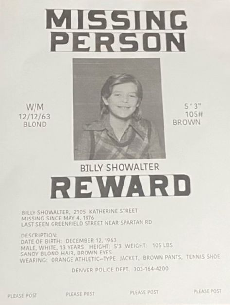 billy showalters missing poster Fake Missing Poster, Finney Blake Missing Poster, The Black Phone Movie Missing Posters, Black Phone Missing Poster, Billy Showalter Aesthetic, It Missing Posters, The Black Phone Missing Flyers, Billy Showalter The Black Phone, Black Phone Poster