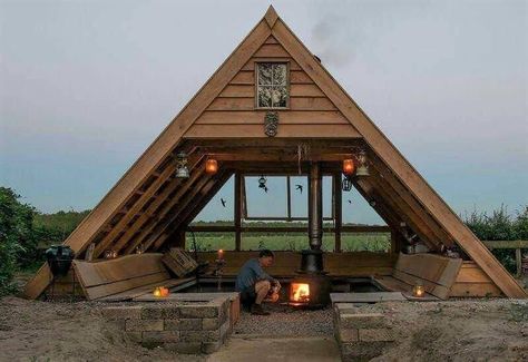 Outdoor Living Space Design, Outdoor Shelters, A Frame House, Backyard Fire, Backyard Retreat, Tiny House Cabin, Cabin Plans, Fire Pit Backyard, Cabin Homes