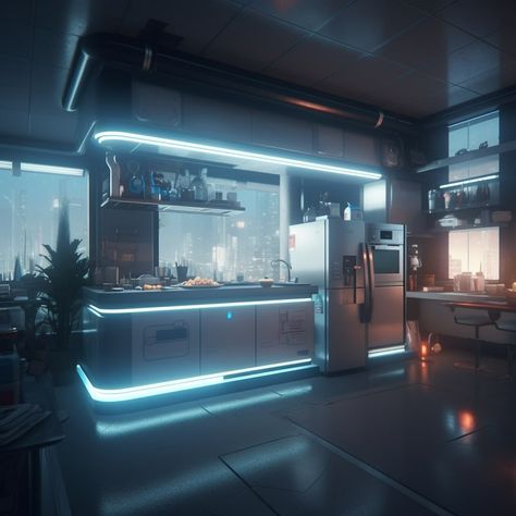 Sci Fi Apartment Interior, Futuristic Kitchen Concept Art, Coruscant Apartment, Scifi Kitchen, Cyberpunk Kitchen, Cozy Cyberpunk, Sci Fi Kitchen, Sci Fi Apartment, Scifi Interior