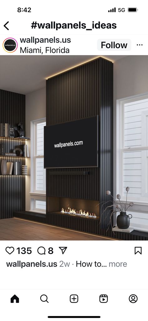 Dark Media Room, Entertainment Wall, Room With Fireplace, Media Room, Wall Panel, Wall Paneling, Fireplace, Entertainment, Living Room