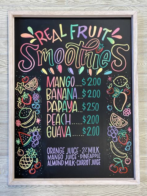 Pastel Chalk Markers: Back to School Project Ideas | Kassa Menu Writing Ideas, Chalk Marker Menu Board, Cool Chalkboard Art, Cafe Menu Board Design Chalk Art, Chalkboard Menu Art, Chalkboard Marker Art, Chalk Menu Board Ideas, Menu Chalkboard Ideas, Chalkboard Menu Ideas