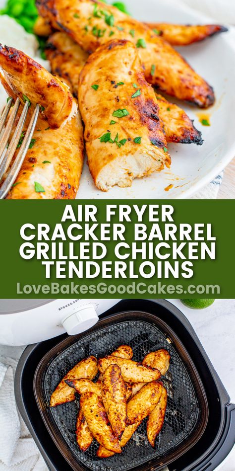 Air Fryer Cracker Barrel Chicken Tenderloins pin collage Power Xl Vortex Air Fryer Pro Plus Recipes, Air Fryer Chicken Breast Tenderloins, Air Fryer Recipes For One Person, Chicken Tender Air Fryer Recipes, Air Fry Dinner Recipes, Mini Air Fryer Recipes, Chicken Tenderloins In Air Fryer, Kid Friendly Air Fryer Recipes, Chicken Tenderloin Recipes Air Fryer