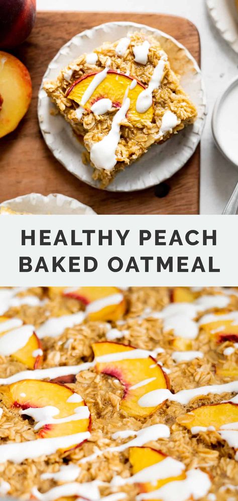 This Peach Baked Oatmeal is sweet, tempting and bursting with juicy fresh summer peaches. Finished with a sweet cream topping, it will become one of your favorite ways to enjoy fresh peaches. Healthy, gluten-free, make ahead breakfast recipe! #peachbakedoatmeal #bakedoatmealrecipes Peach Baked Oatmeal, Oatmeal And Eggs, Peach Oatmeal, Healthier Breakfast, Fit Mitten Kitchen, Easy Clean Eating Recipes, Protein Baking, Baked Peach, Clean And Delicious